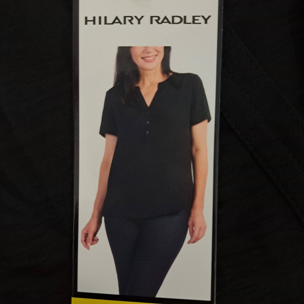Hilary Radley Womens Blouse S Black NWT Henley Pleat Back 1811-196